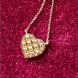 14k Solid Yellow Gold Heart Textured Quilted Adjustable Necklace 16”-18” Marked